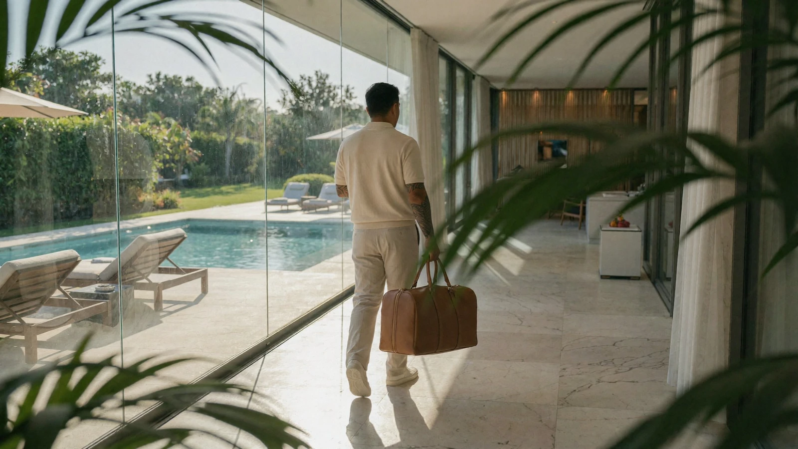 Jake walking toward the next part of a sunlit corridor