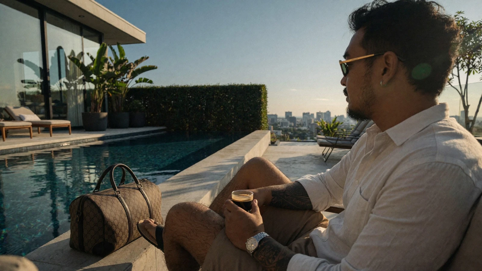 Jake on a rooftop terrace with a coffee